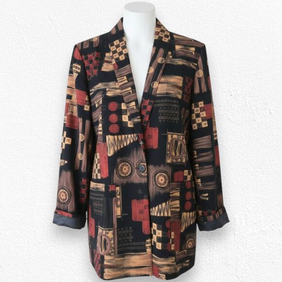 Vintage 90s Tribal Patchwork Print Statement Blazer Artsy Jacket Size Small - Picture 1 of 7
